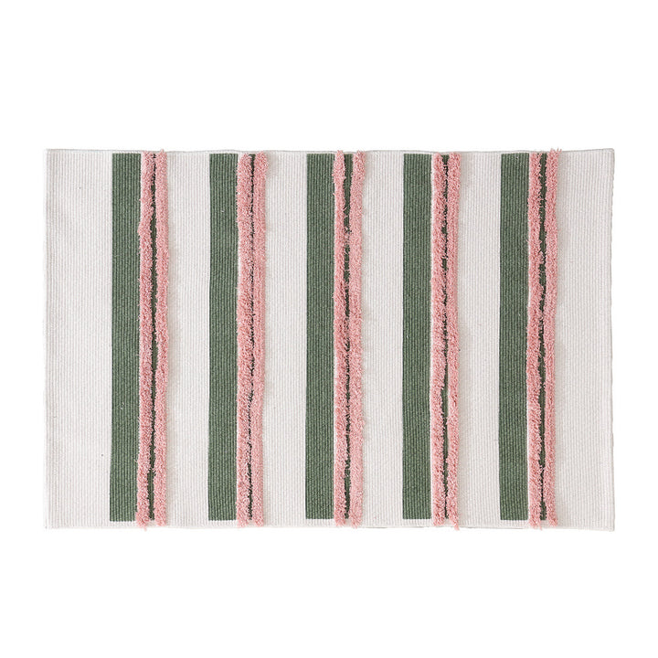 Cotton bath mat with textured stripes and fringes