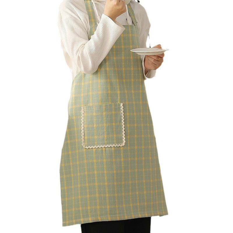 Checked kitchen apron with lace pocket detail and adjustable straps