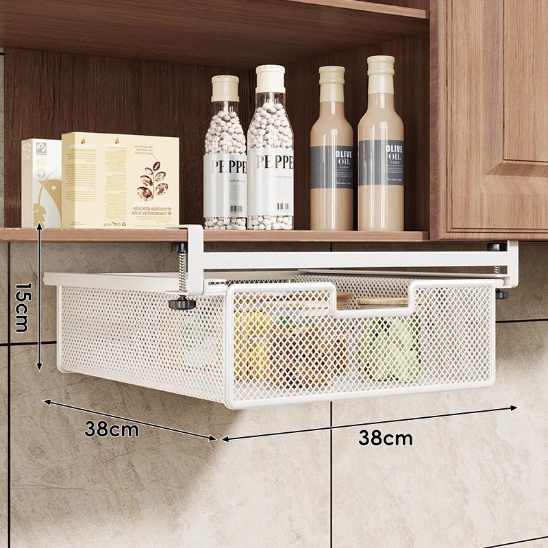 Under-Shelf Slide-Out Metal Mesh Pull-Out Storage Drawer with Adjustable Clamp