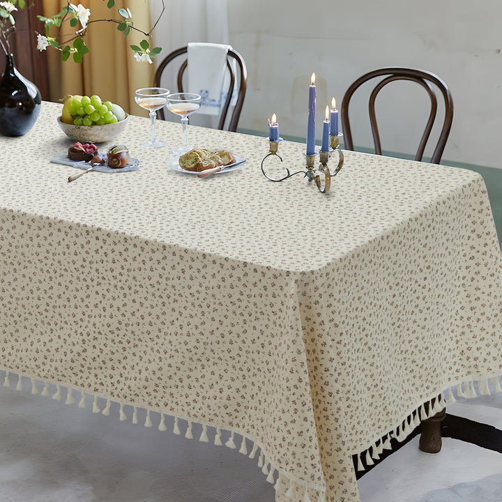Rectangular tablecloth with floral Millefleurs print and cotton tassels