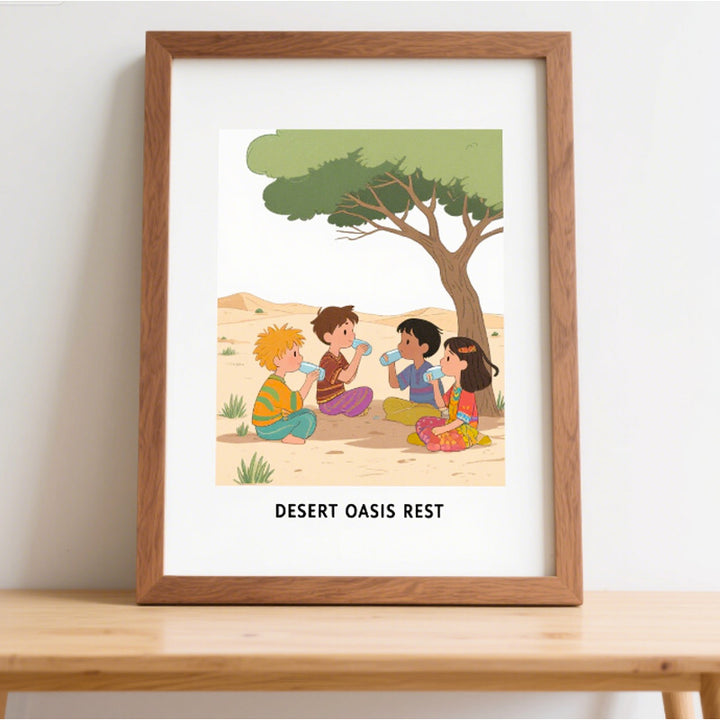 Whimsical Desert Oasis Illustration Wall Art Frame