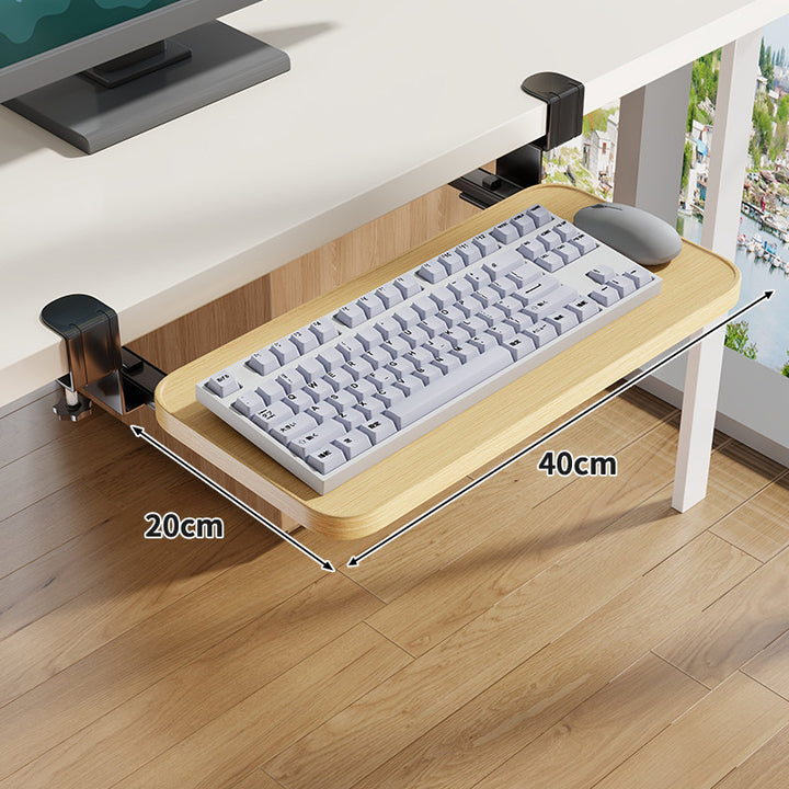 Under-Desk Slide-Out Keyboard Tray Clamp Mount with Ergonomic Wooden Platform