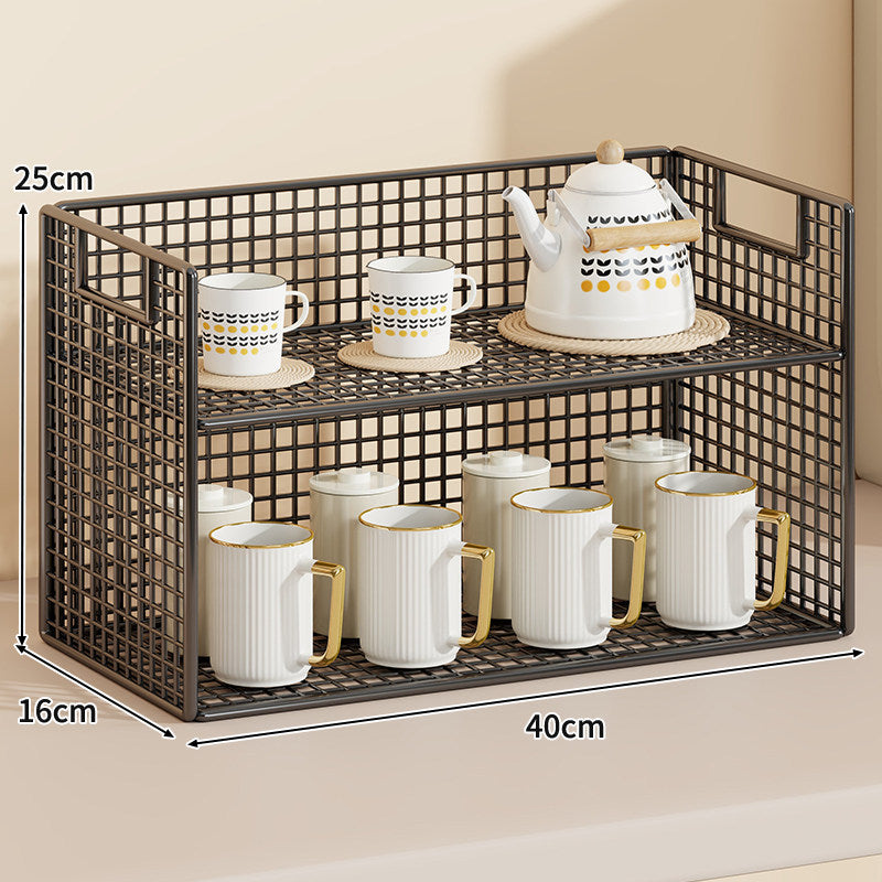 Three-Tier Wire Grid Countertop Display Shelf with Faux-Wood Removable Trays