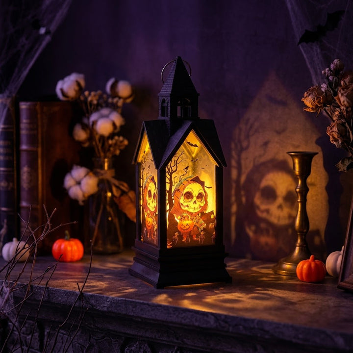 Halloween-themed LED Decorative Lantern with Silhouette Witch Pumpkin Ghost Scene