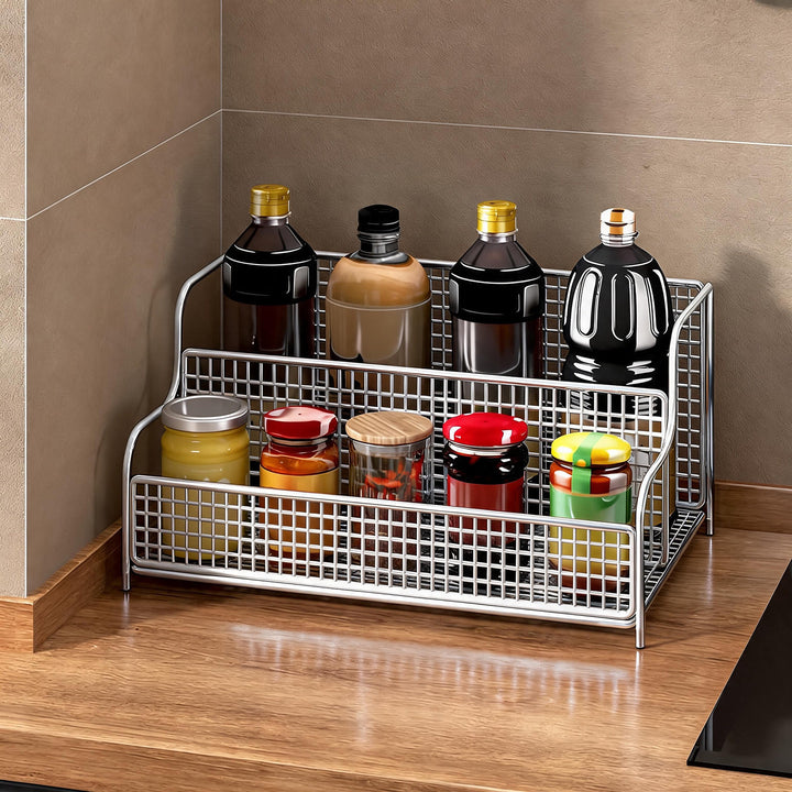 Double-Tier Countertop Metal Wire Kitchen Organizer Rack for Bottles and Spices