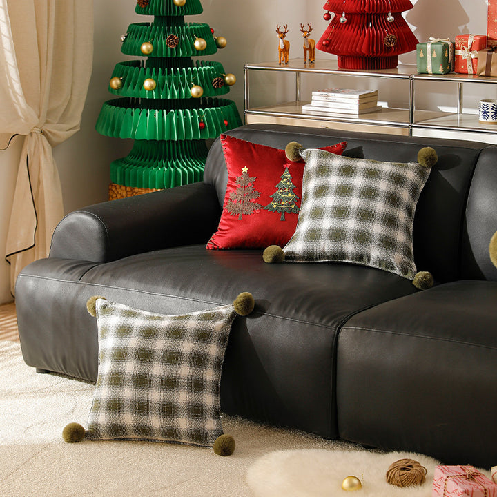 Square living decorative pillow with woven check structure and pom-pom corners
