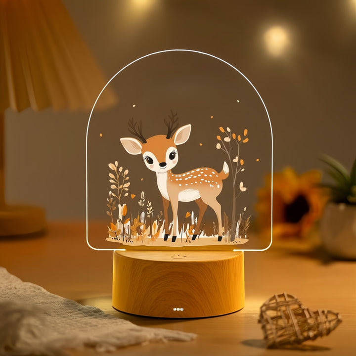 Child LED Acrylic Night Light with Cute Pony Illustration and Wooden Base
