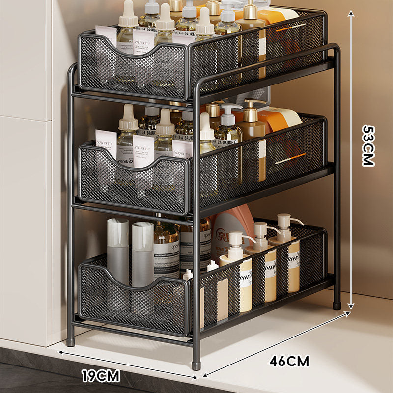 Three-Tier Sliding Mesh Drawer Cabinet Organizer for Kitchen and Bathroom