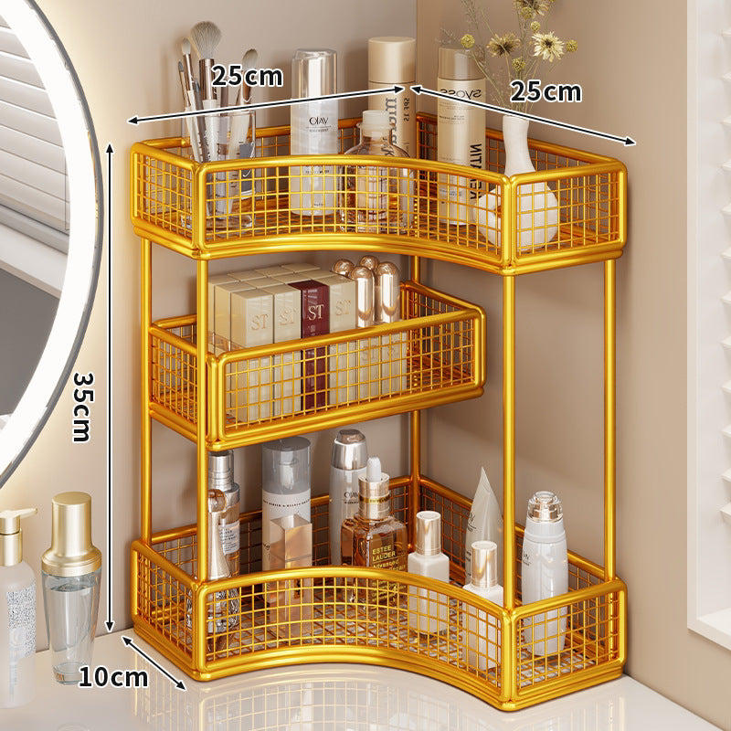 Curved Corner Triple-Tier Metal Mesh Vanity and Countertop Organizer
