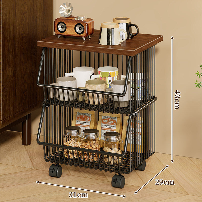 Four-Tier Industrial Wire Basket Cart with Wood Top and Swivel Locking Casters