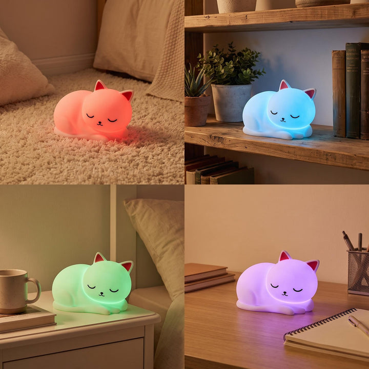 Silicone Sleeping Cat LED Night Light with Touch Dimming USB Rechargeable