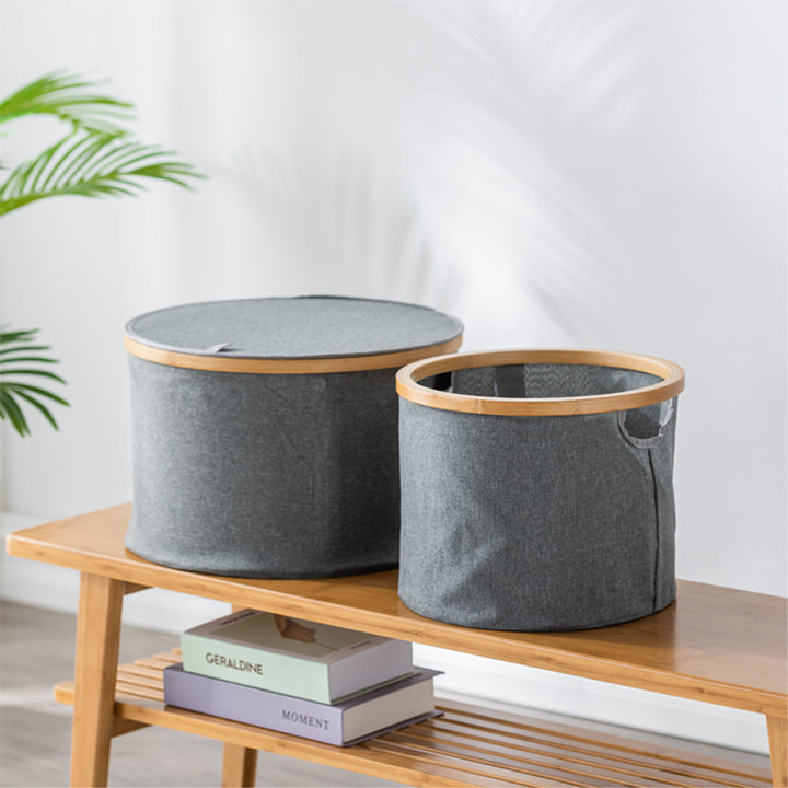 Storage basket with sturdy bamboo lid