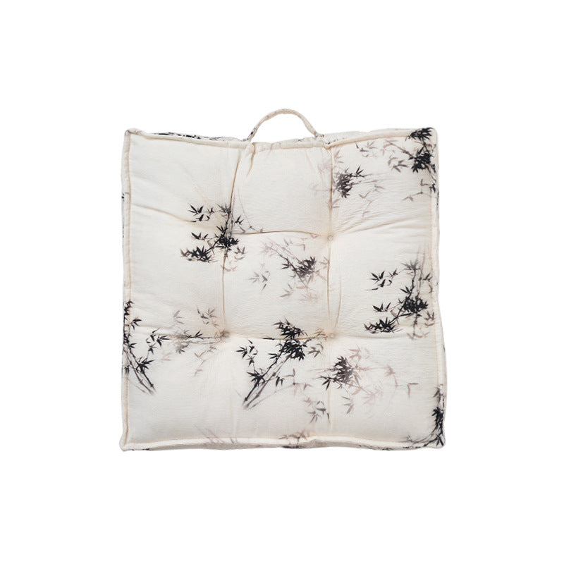 Padded square seat cushion with tufted stitching and fine bamboo print