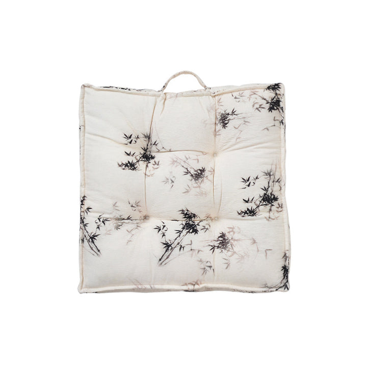 Padded square seat cushion with tufted stitching and fine bamboo print