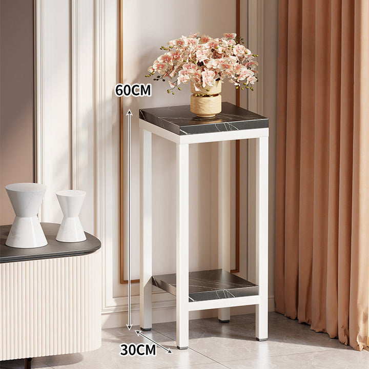 Tall Narrow Marble-Top Plant Stand Side Table with Lower Shelf and Gold Metal Frame