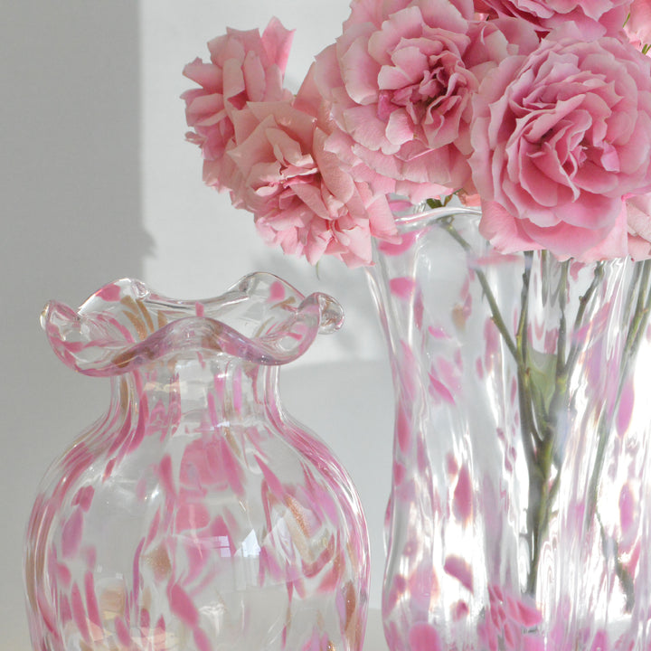 Handblown Ruffled-Lip Art Glass Bud Vase with Confetti Veil