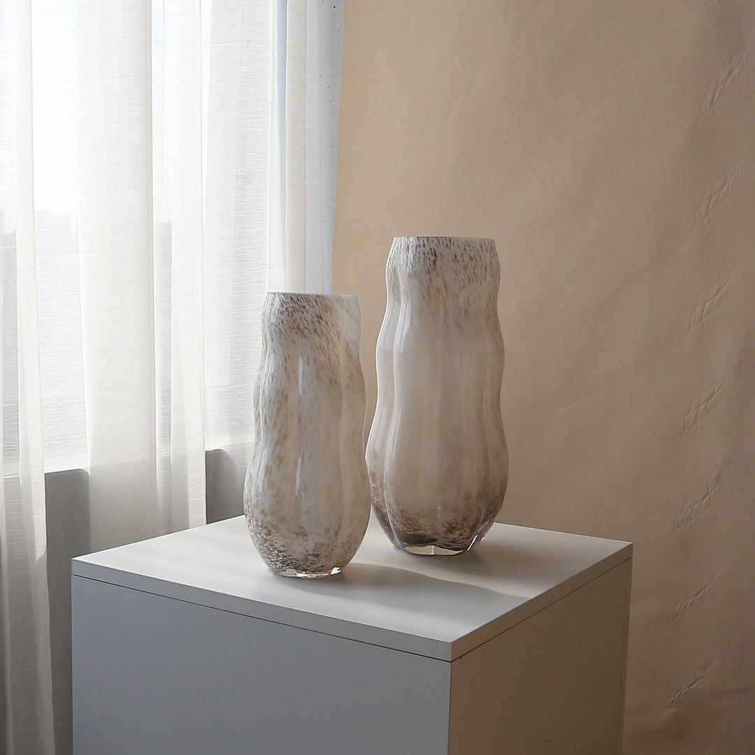 Handcrafted Speckled Textured Glass Tabletop Accent Vase with Curved Bulb Silhouette