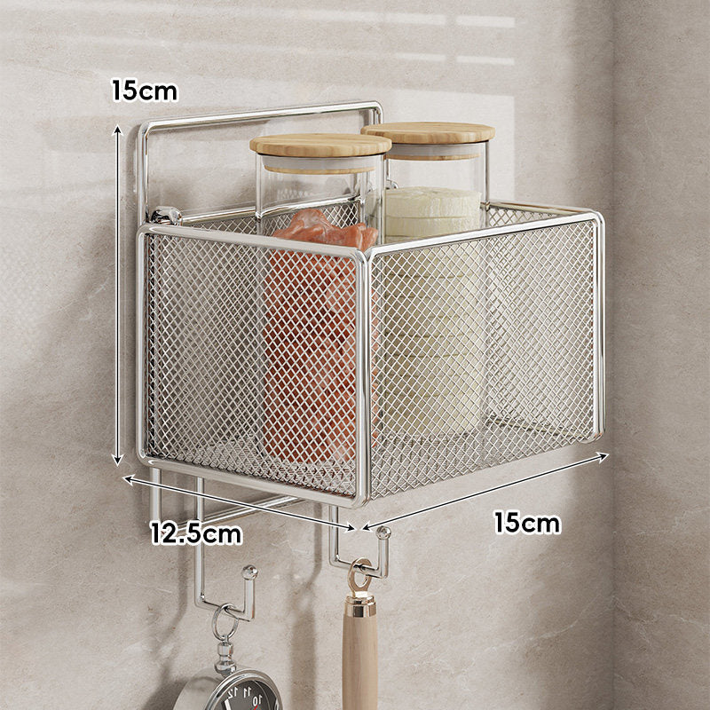 Wall-Mounted Mesh Multi-Purpose Kitchen Shelf with Hooks and Ventilated Basket