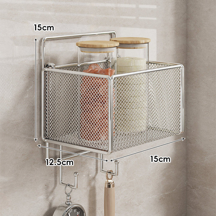 Wall-Mounted Mesh Multi-Purpose Kitchen Shelf with Hooks and Ventilated Basket
