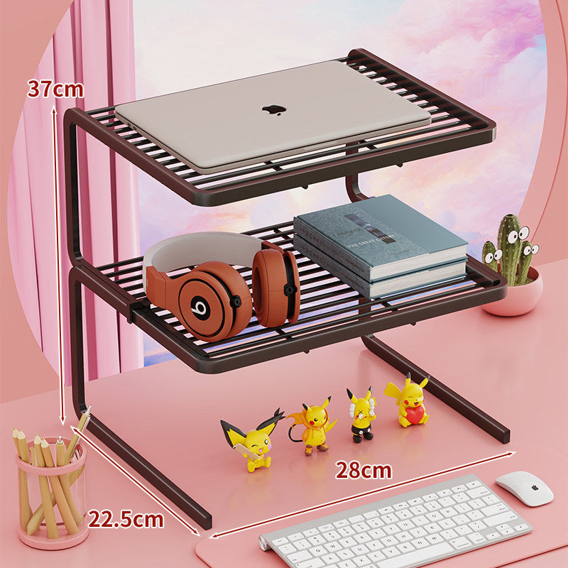 Tiered Adjustable Metal Laptop and Monitor Riser with Ventilated Slatted Shelves and Under-Storage Organizer