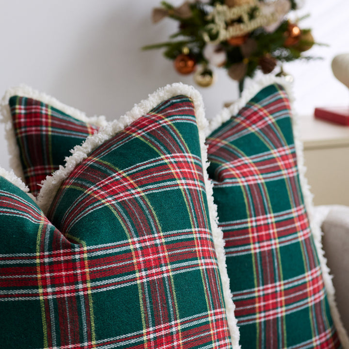 Plaid Sherpa-Trim Square Decorative Throw Pillow Cover