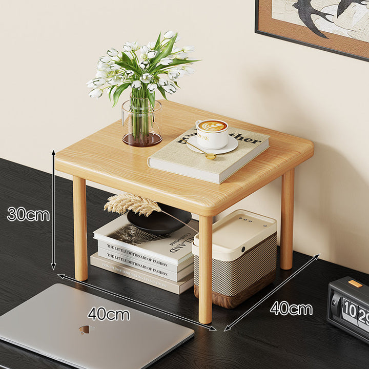 Compact Solid Wood Elevated Desk Display Stand with Under-Shelf Storage and Rounded Leg Design