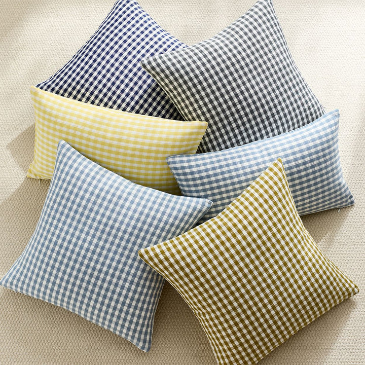 Gingham Check Cotton-Linen Square Throw Pillow Cover with Hidden Zipper