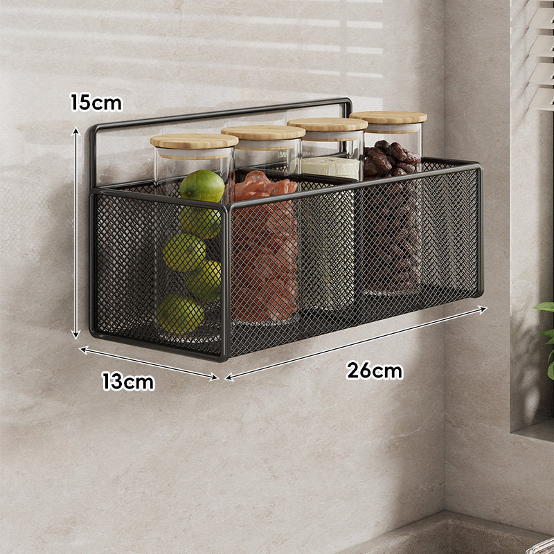 Wall-Mounted Mesh Multi-Purpose Kitchen Shelf with Hooks and Ventilated Basket