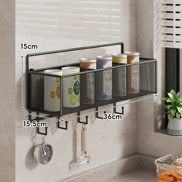 Wall-Mounted Mesh Multi-Purpose Kitchen Shelf with Hooks and Ventilated Basket