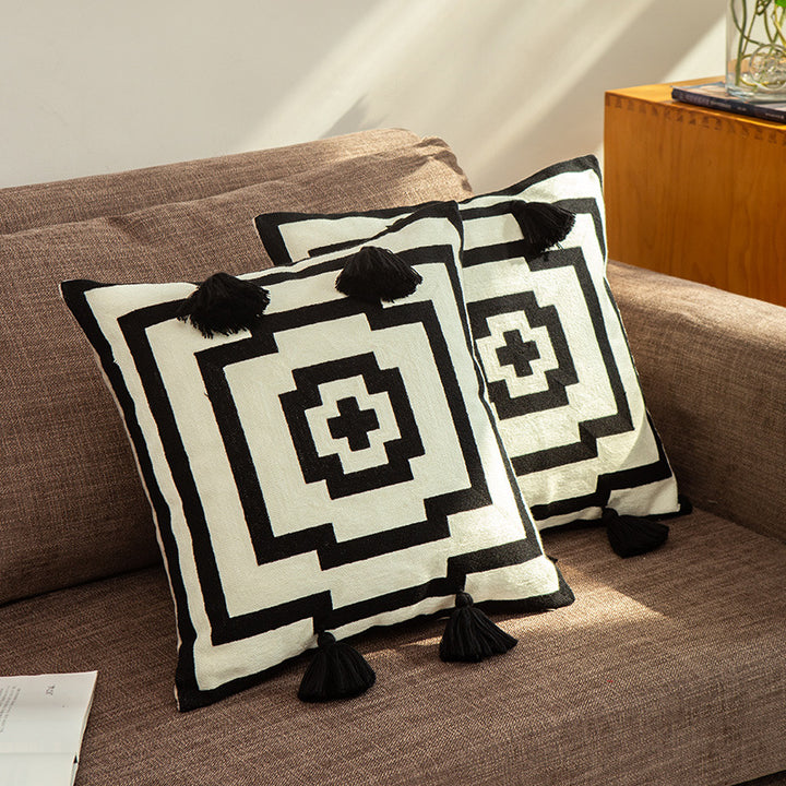 Decorative square decorative cushion with jacquard fabric and decorative tassels