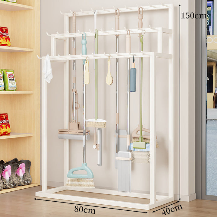 Vertical Mop and Broom Organizer Rack with Multi-Hook Hanging Storage