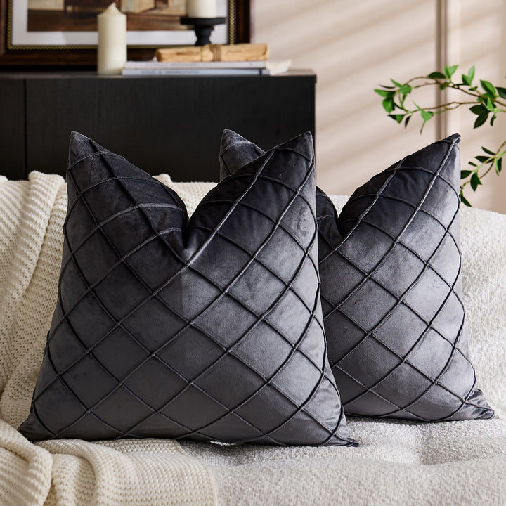 Quilted Diamond Velvet Throw Pillow Cover with Hidden Zipper and Plush Insert Support