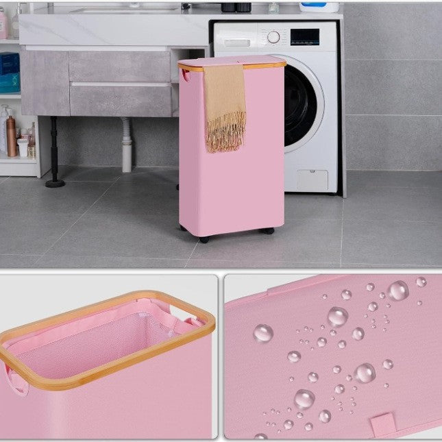 High-quality laundry container with bamboo lid and practical carrying handle