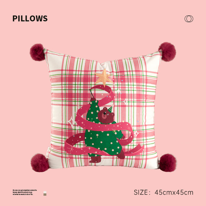 Square Christmas decorative cushion with pom-pom corners and printed dog design
