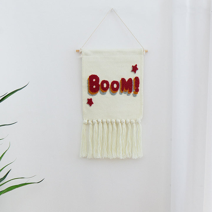 Tufted wall hanging with cactus motif, cotton fringes and wooden stick