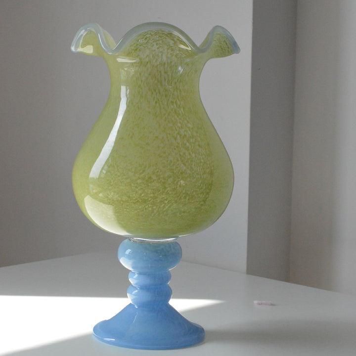 Artisanal Hand-Blown Rippled Pedestal Glass Centerpiece Vase
