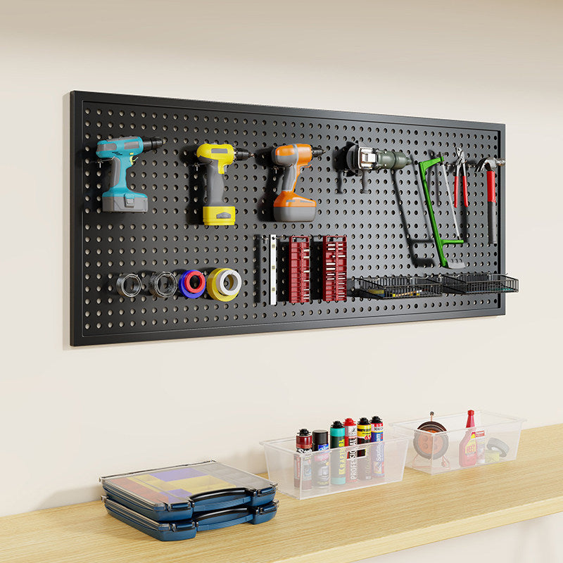 Wall-Mounted Perforated Metal Tool Pegboard Organizer Panel with Modular Hooks and Wire Baskets