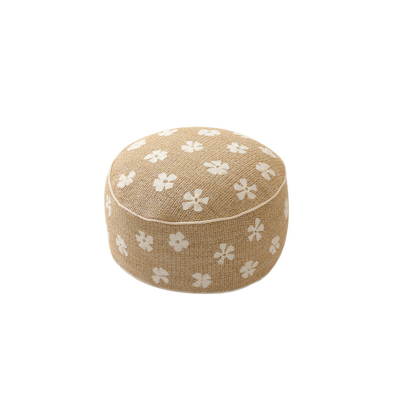 Beef hand-woven pouf with floral print and padded seat surface