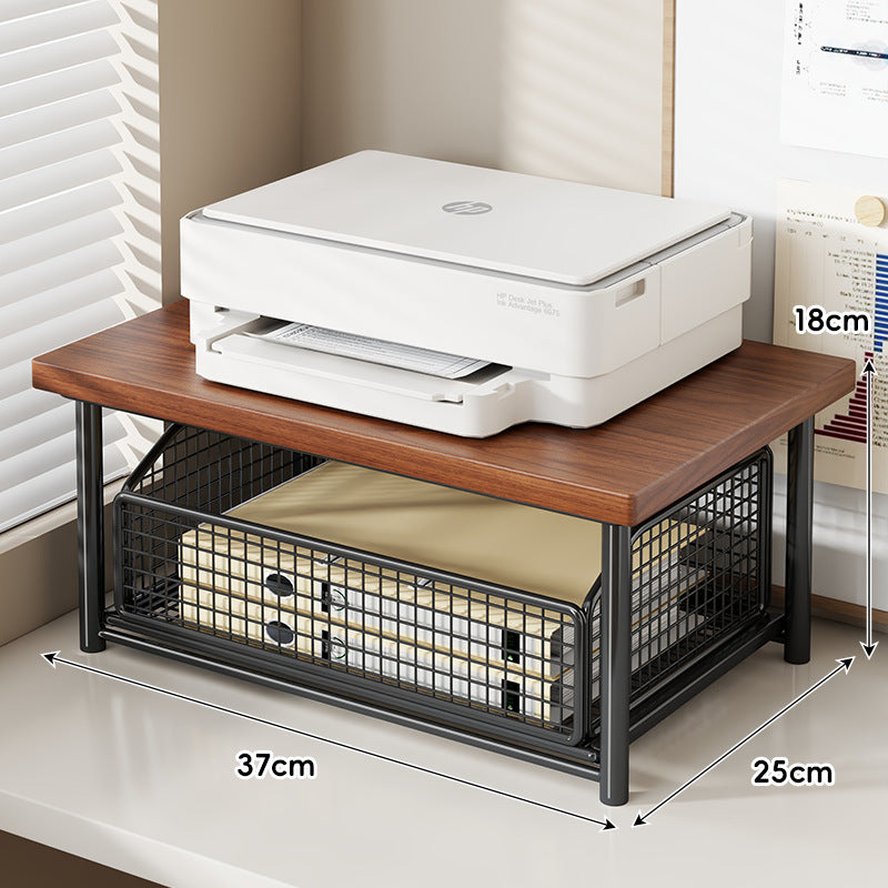 Adjustable Desktop Printer Stand with Wooden Top and Metal Mesh Storage Drawer