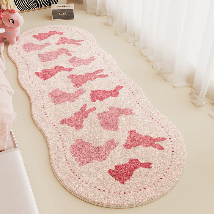 Children's Scalloped-Edge Plush Runner Rug with Pink Bunny Silhouette Pattern