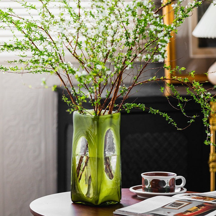 Rectangular Hand-Blown Decorative Glass Vase with Windowed Crystal Inset