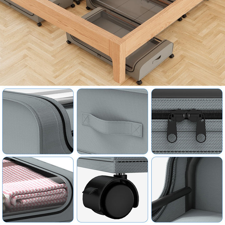 Storage box with wheels and transparent lid