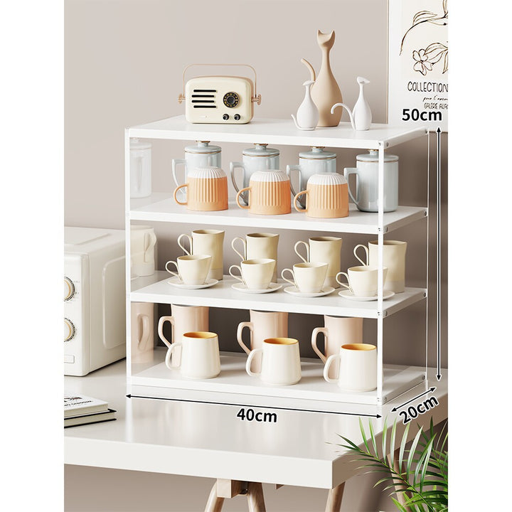 Multi-Level Bamboo-Style Countertop Kitchen Mug and Canister Organizer Shelf with Open Wood Shelves and Slim Metal Frame