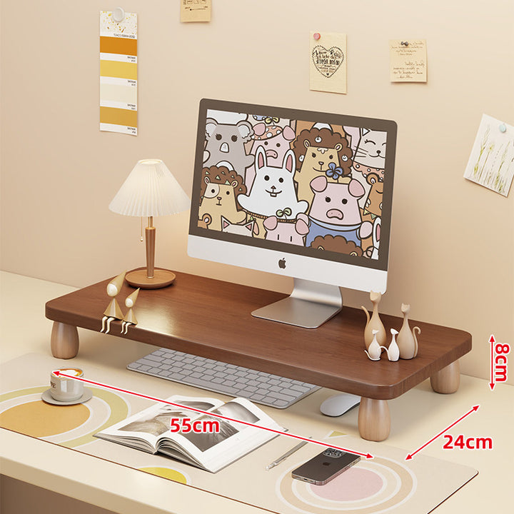 Low-Profile Ergonomic Wooden Desktop Monitor Lift with Under-Shelf Keyboard Storage