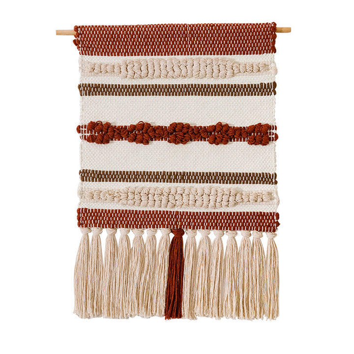 Woven Boho wall tapestry with macrame fringes and handcrafted textured relief