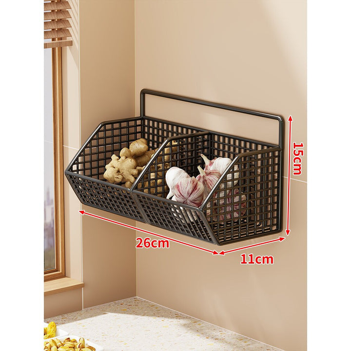 Wall-Mounted Double-Tier Grid Mesh Kitchen Storage Basket Organizer
