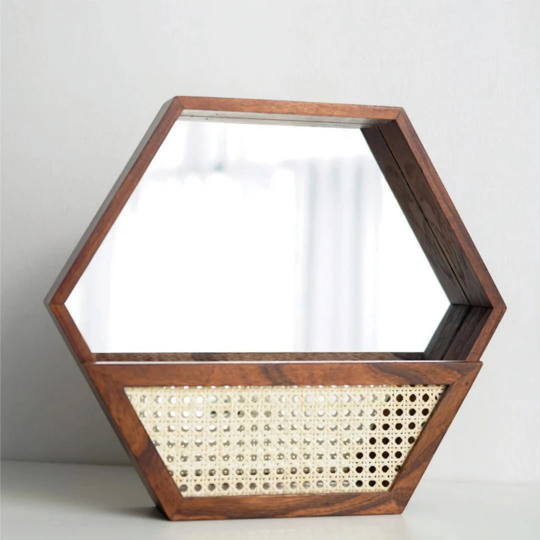 Rustic wall mirror with natural rattan frame