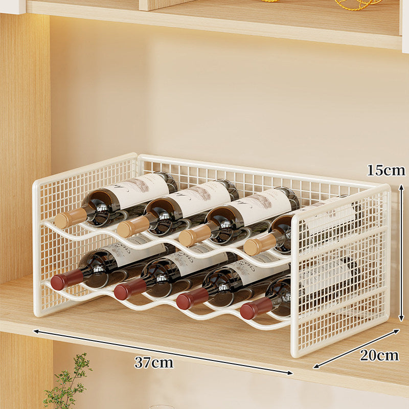 Countertop Metal Wine Bottle Rack Mesh Organizer with Stackable Grid Sides and Curved Bottle Cradles