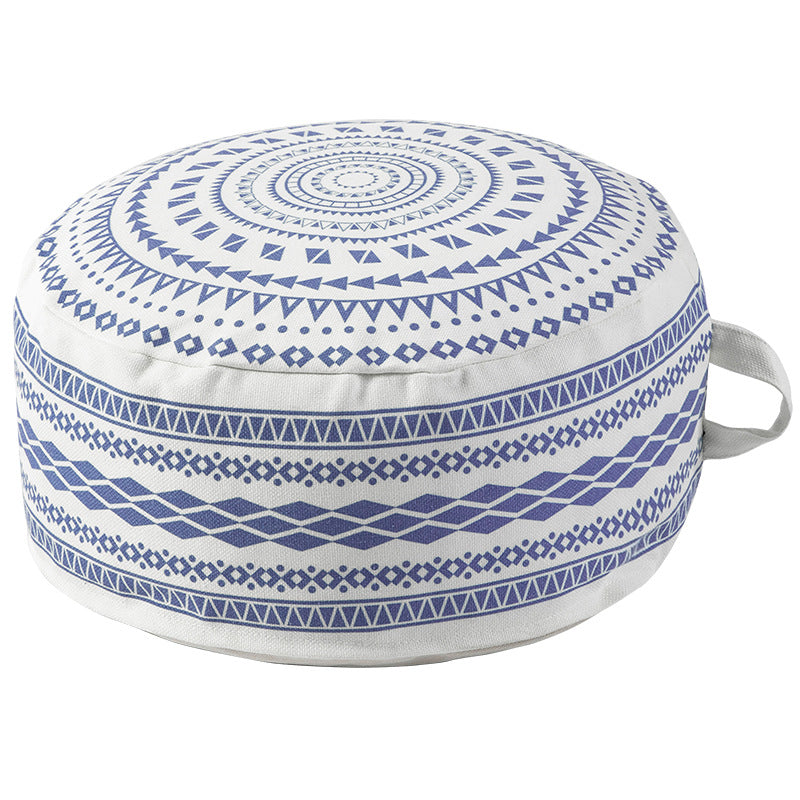 Beef seat pouf made of sturdy cotton blend with ethnic mandala print and carrying handle