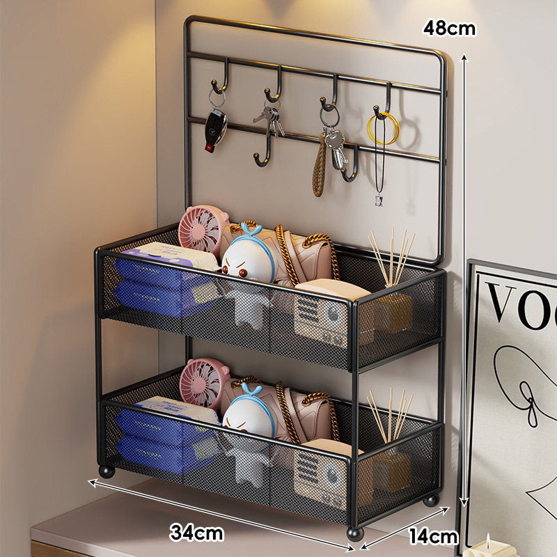 Mesh Two-Tier Entryway Organizer with Key Hooks and Deep Mesh Baskets